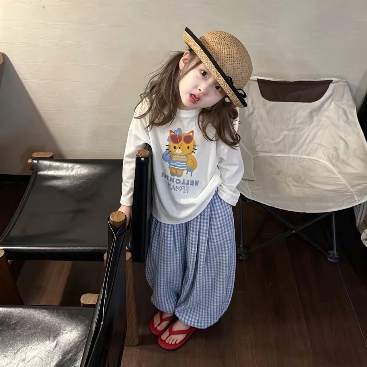 女童纯棉长袖长裤套装秋季新款春秋冬猫咪印花百搭经典格子两件套