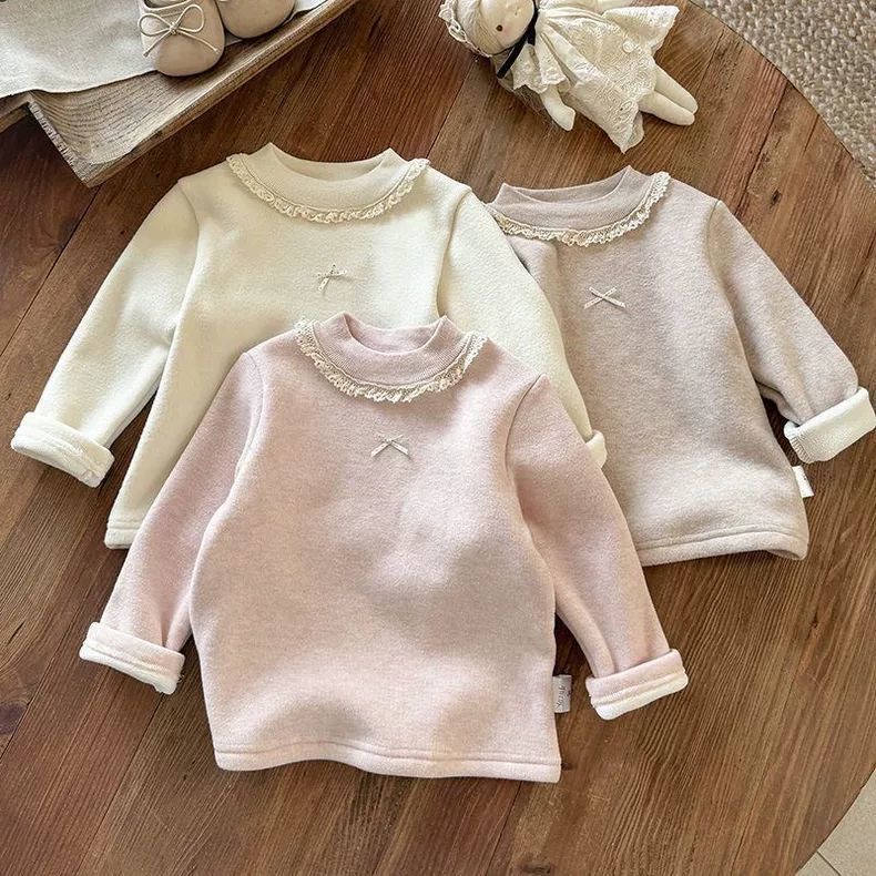 女童德绒上衣2025秋冬儿童百搭蝴蝶结纯色花边长袖