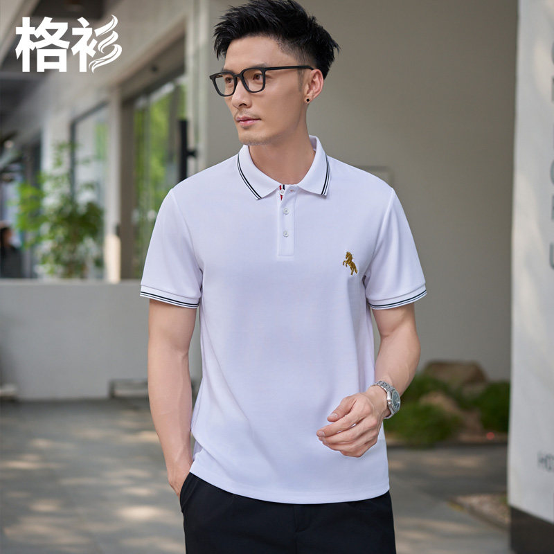 白色POLO衫男士夏季商务宽松凉感动物印花简约翻领日常短袖t恤潮
