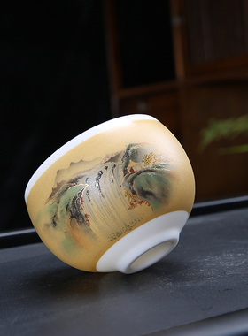 主人杯中式陶瓷茶杯黄色品茗杯功夫茶具单杯个人专用白瓷高档茶具