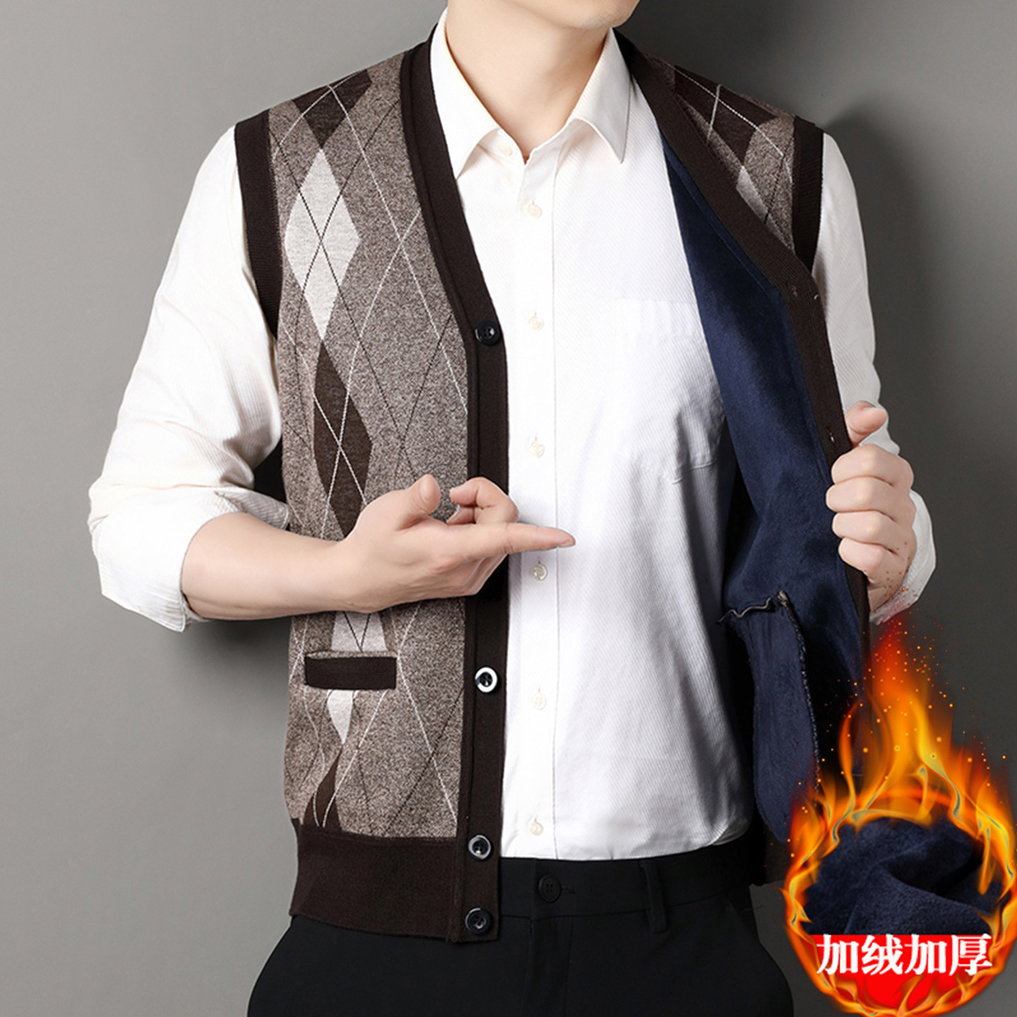 冬季中老年毛衣马甲男一体绒爸爸装保暖马夹针织背心加绒加厚坎肩