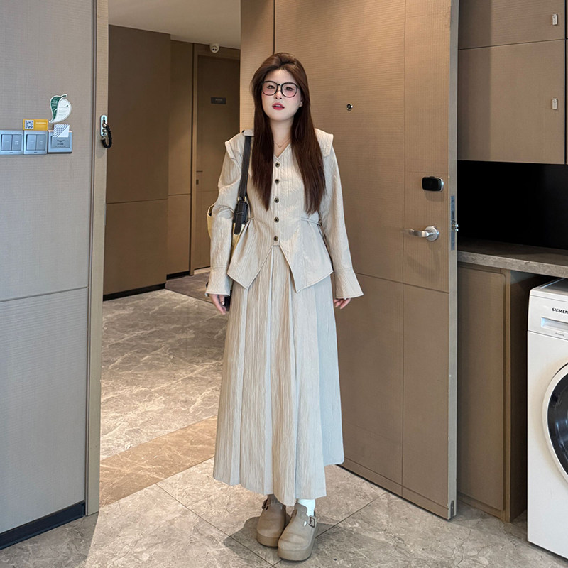 大码胖mm抽绳衬衫上衣女春季宽时尚套装