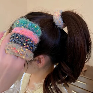 韩系ins秋冬新款彩色高弹力毛绒发圈不勒头发可爱发绳丸子头专用