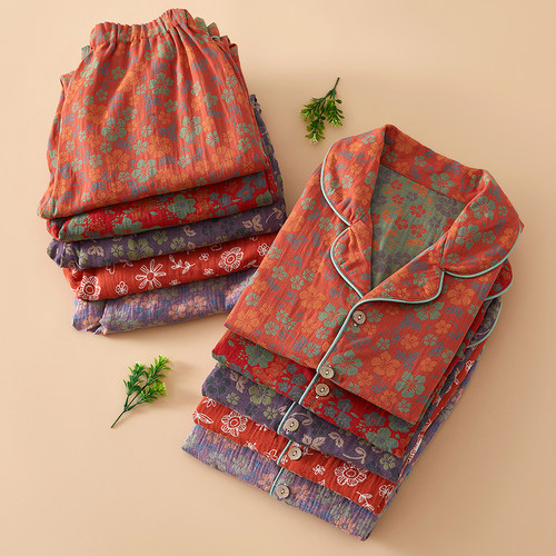 女士纯棉双层纱长袖长裤套装