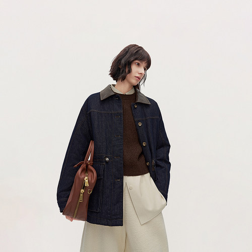 欧时力皮领牛仔羽绒外套