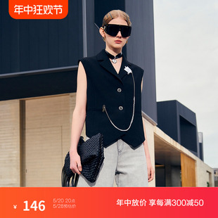 马甲女1WH2045620 珠链饰唛驳领西装 欧时力夏装 黑标系列