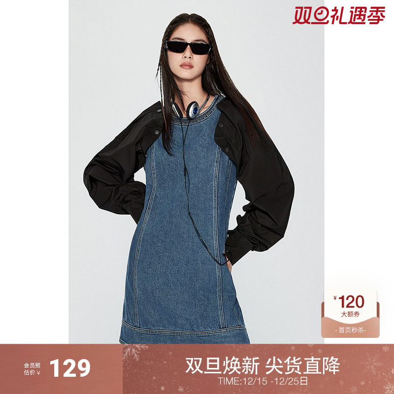 【机能系列】欧时力 两穿袖短款牛仔连衣裙冬装复古