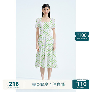 方领茶歇裙 黑标系列 欧时力 缎面印花短袖 连衣裙女夏装