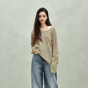 新品 T恤女纯棉上衣打底宽松2025春季 轻薄V领长袖 ochirly欧时力