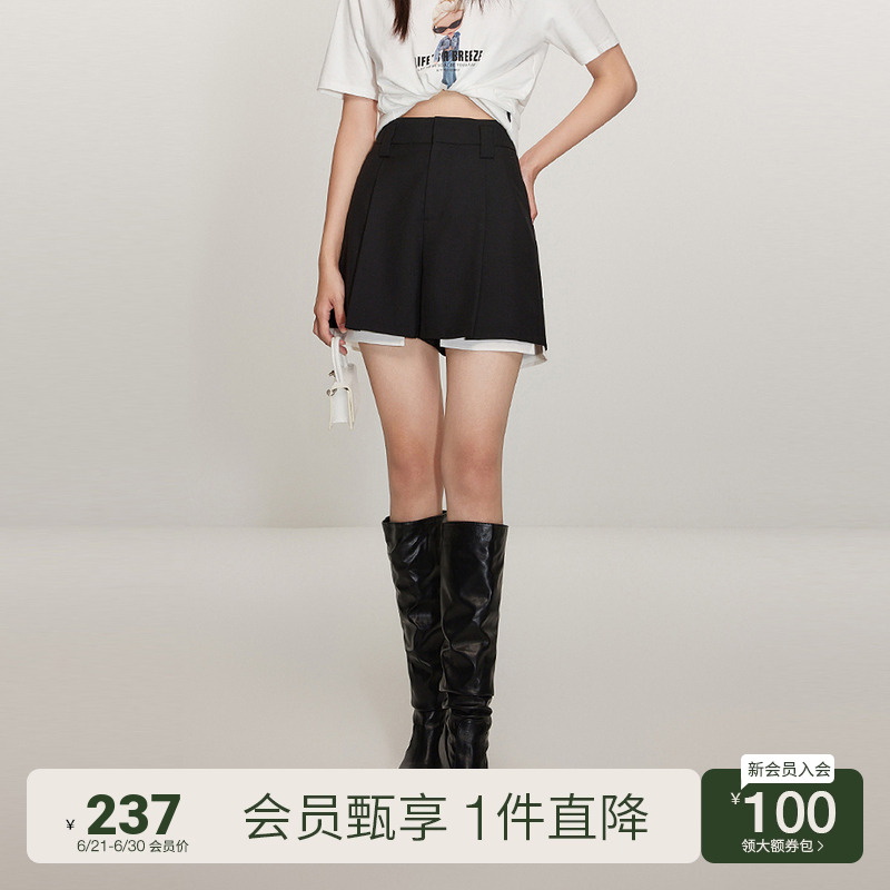 ochirly欧时力 毛精纺短裤女2024新款早春拼接通勤小个子设计感