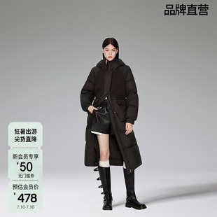 【超轻羽绒料】欧时力 长款大衣女冬装拼接毛织保暖外套