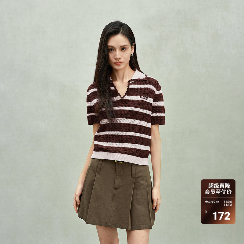 ochirly欧时力 翻领条纹短袖针织衫女上衣钩花休闲2025春季新品