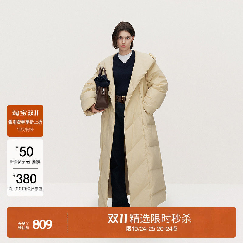 【双11直降】OCHIRLY欧时力 连帽长款羽绒服外套女慵懒袍式配腰带