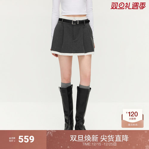 OCHIRLY欧时力 立体压褶a字半身裙短裙撞色通勤气质2025秋季新品