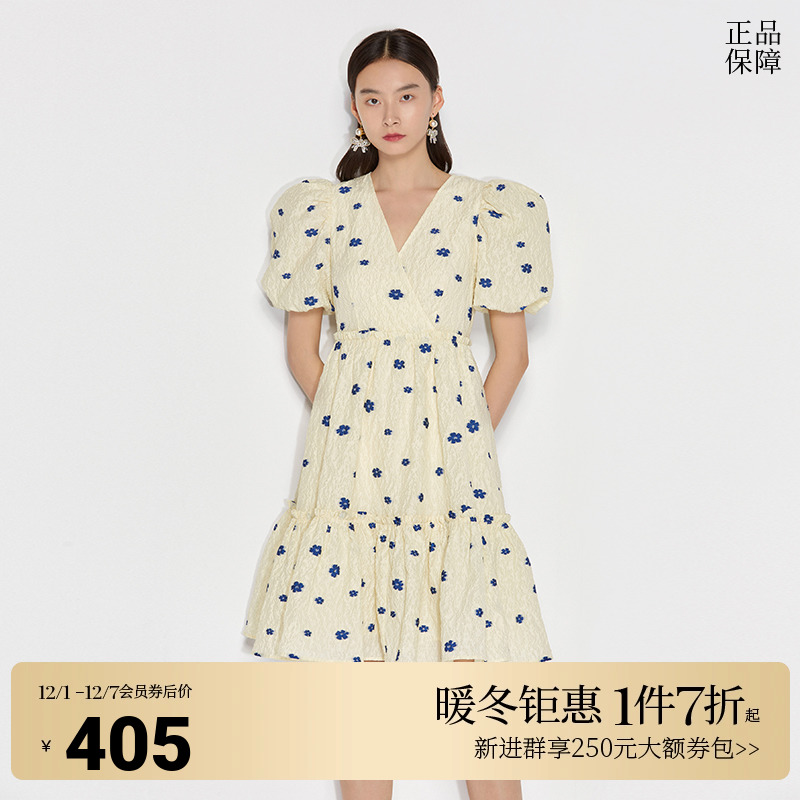 ochirly短袖连衣裙夏装泡泡袖法式碎花