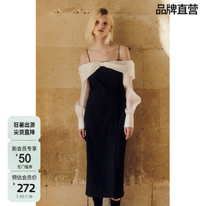ochirly欧时力 蝴蝶结一字领连衣裙秋装钻链肩带