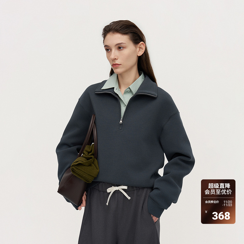 OCHIRLY欧时力 空气层高领长袖卫衣女上衣套头落肩休闲秋冬新品