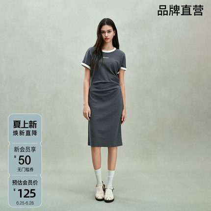 ochirly欧时力 抽褶插肩连衣裙女刺绣撞色收腰休闲春季新品