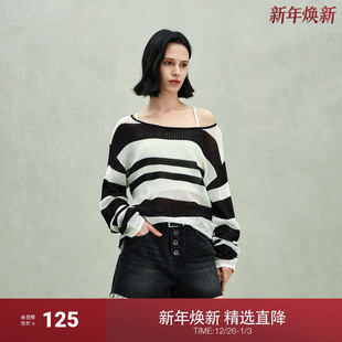 新品 女上衣露肩慵懒风2025春季 亚麻棉条纹针织衫 ochirly欧时力