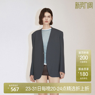 新品 外套女中长宽松高级感2024秋季 羊毛精纺呢西装 OCHIRLY欧时力