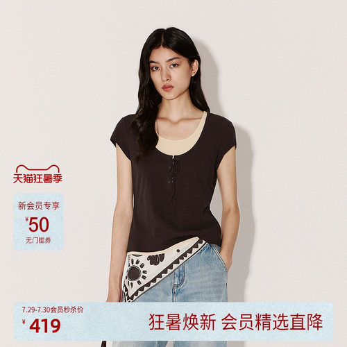 【新品】OCHIRLY欧时力 短袖t恤女2026夏季假两件绑绳纯棉上衣