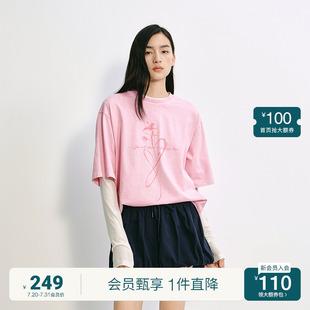 OCHIRLY欧时力 100%棉印花短袖 t恤女上衣宽松休闲2025夏季 新品