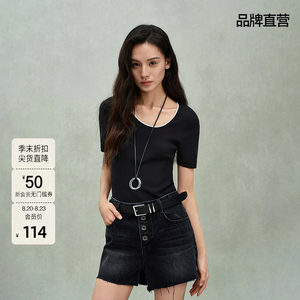 【可机洗澳大利亚100%羊毛】ochirly欧时力短袖针织毛衣春季