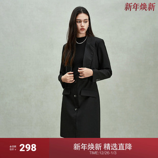 新品 ochirly欧时力 小黑裙气质2025春季 女条纹西装 连衣裙两件套装
