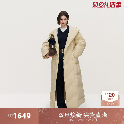 OCHIRLY欧时力 连帽长款羽绒服外套女慵懒袍式配腰带2024冬季新品