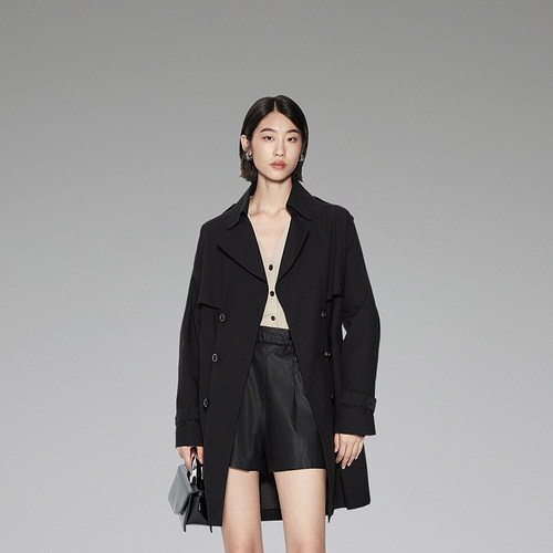 黑标系列欧时力醋酸中长风衣外套