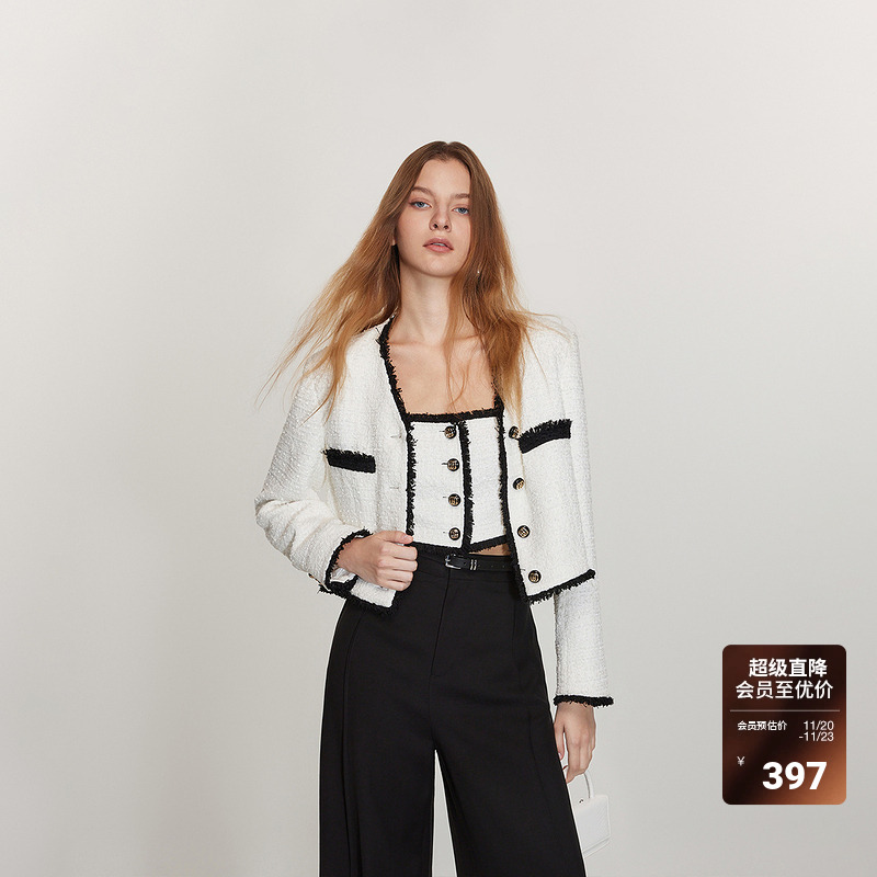 小香风外套女 ochirly欧时力2024新款早春短款法式重工撞色流苏