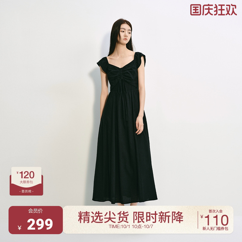OCHIRLY欧时力 心形领A字连衣裙女小黑裙法式桔梗裙2025夏季新品