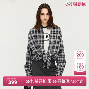 OCHIRLY欧时力 黑白格子衬衫女中长款长袖上衣衬衣2025秋季新品