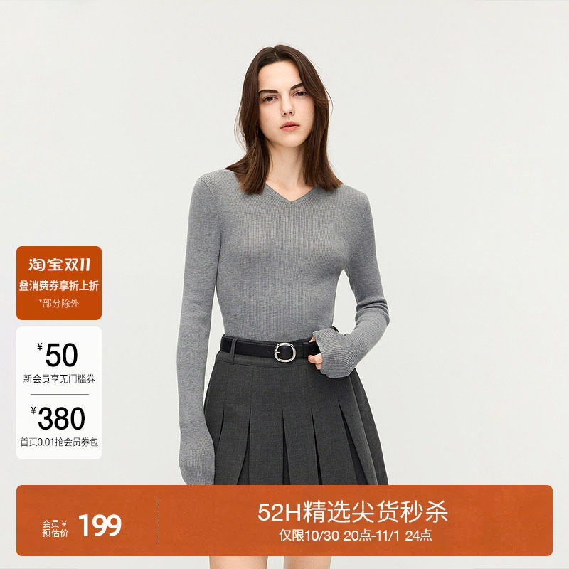 OCHIRLY欧时力 羊毛衫V领针织毛衣上衣修身内搭打底秋季