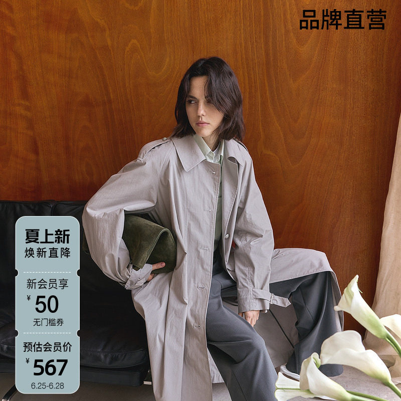 OCHIRLY欧时力 纯棉翻领风衣外套女排扣大衣松弛通勤秋季