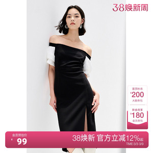 黑标系列 欧时力 法式一字领连衣裙女夏装气质泡泡袖礼服