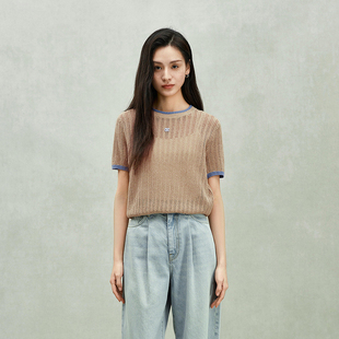 新品 ochirly欧时力 女撞色绣花上衣2025春季 新疆棉镂空短袖 针织衫