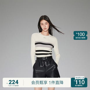 女2023新款 ochirly歐時(shí)力 撞條紋短款 針織衫 運(yùn)動(dòng)風(fēng) 秋冬打底修身