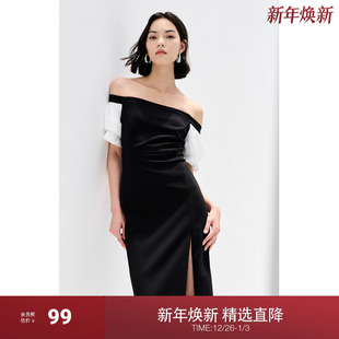 气质泡泡袖 黑标系列 一字领连衣裙女夏装 法式 礼服 欧时力