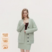 ochirly欧时力绒感针织外套开衫 女慵懒毛衣V领坑条2025早春新款