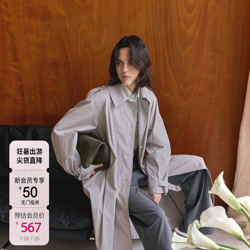 OCHIRLY欧时力 纯棉翻领风衣外套女排扣大衣松弛通勤秋季