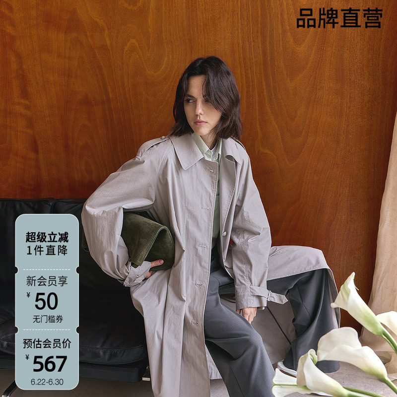 OCHIRLY欧时力 纯棉翻领风衣外套女排扣大衣松弛通勤秋季