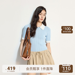 撞色2025夏季 针织衫 女polo衫 新品 冰爽丝氧气衫 OCHIRLY欧时力 短袖