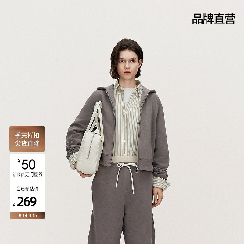 OCHIRLY欧时力 纯棉连帽卫衣外套女重磅休闲上衣内搭秋冬图片