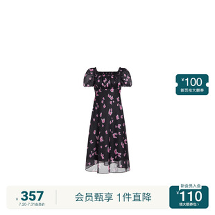 茶歇裙 柯根纱印花连衣裙女 ochirly欧时力2024新款 夏装 方领法式