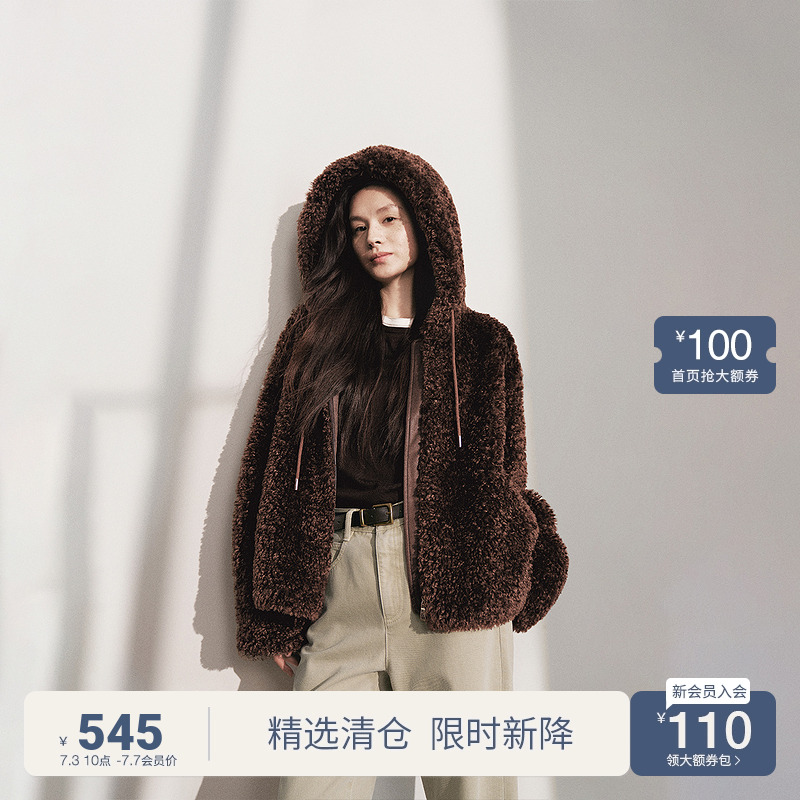 OCHIRLY欧时力连帽皮草外套女显瘦宽松气质高级感2025秋冬新款