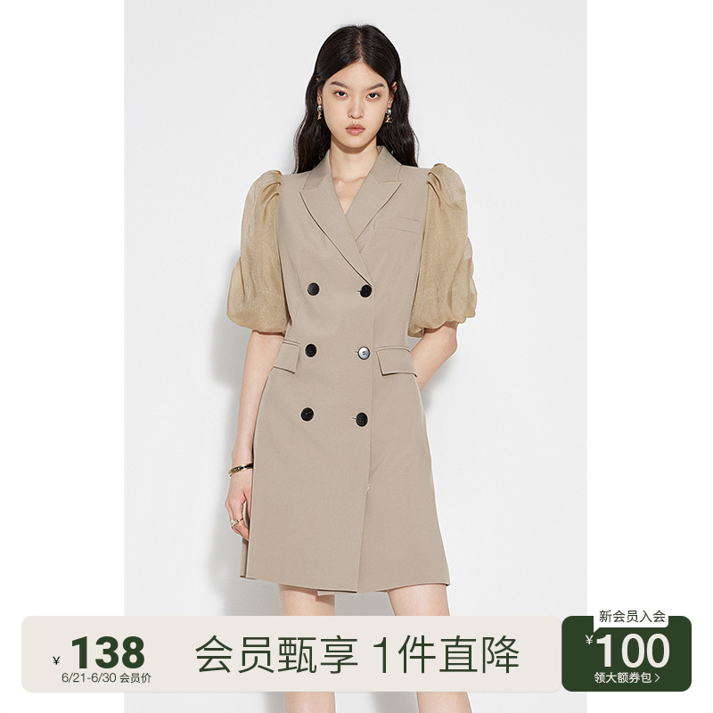 欧时力网纱泡泡袖西装连衣裙夏装气质通勤小个子
