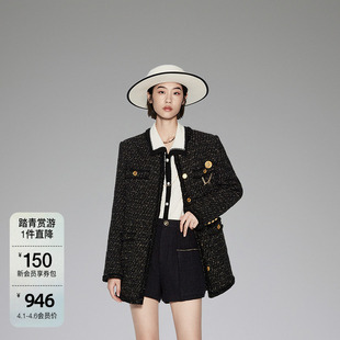 2023新款 高奢小香 欧时力嵌金丝中长外套女 胸针廓形感 春装