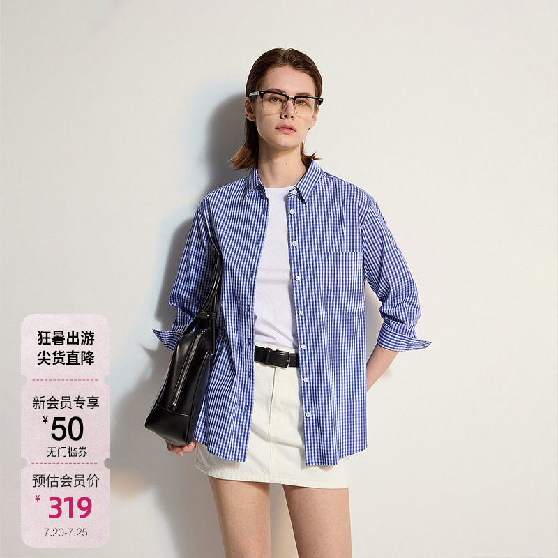 OCHIRLY欧时力 格子衬衫女中长款长袖上衣通勤防晒夏季新品