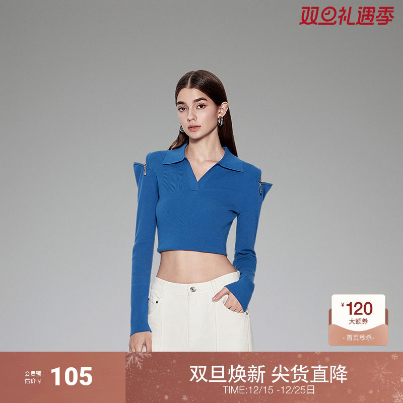 ochirly欧时力 polo领短款针织衫女秋装上衣露肩辣妹风